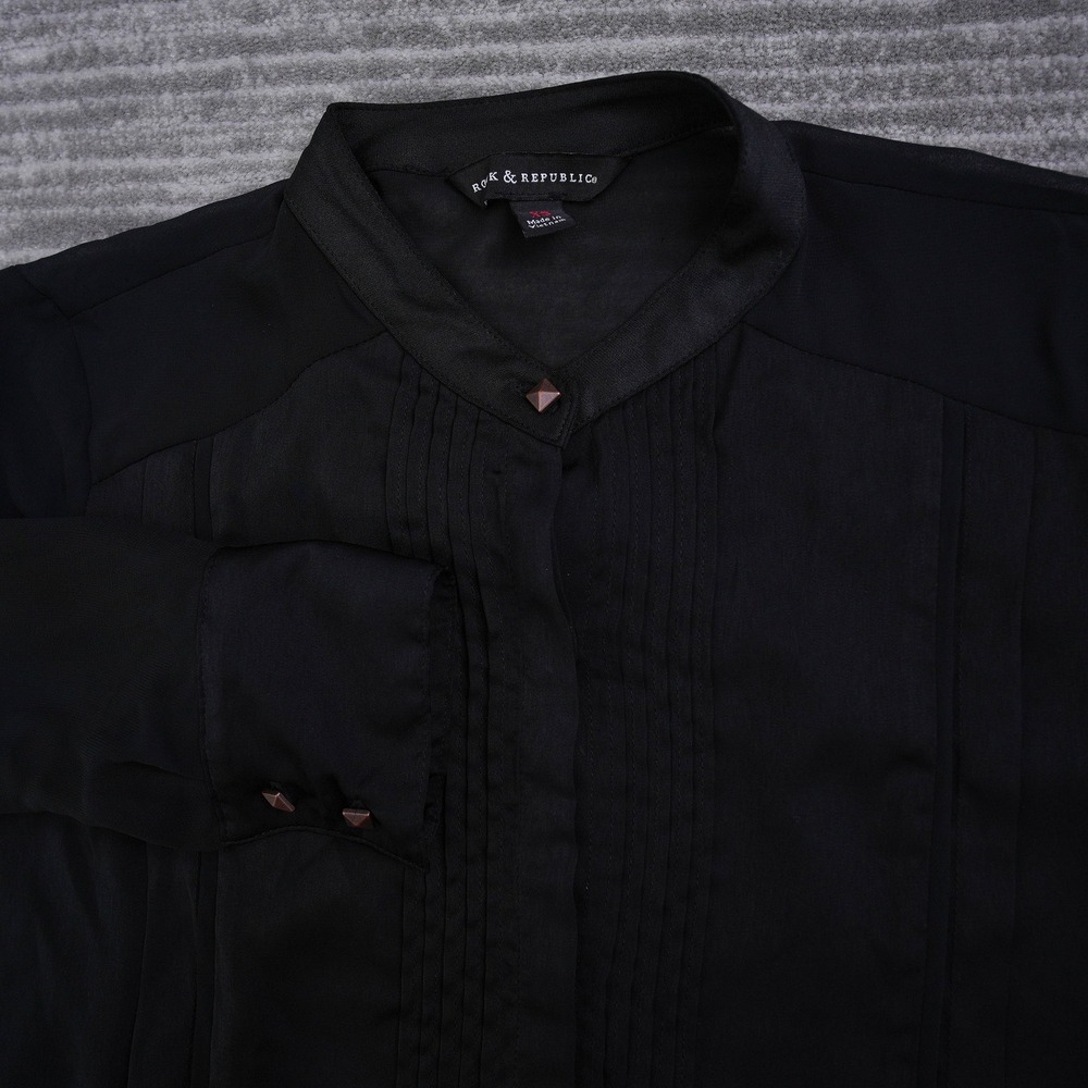 Rock & Republic Women Black Pleated Blouse Faux Leather Trim Pyramid Stud XS